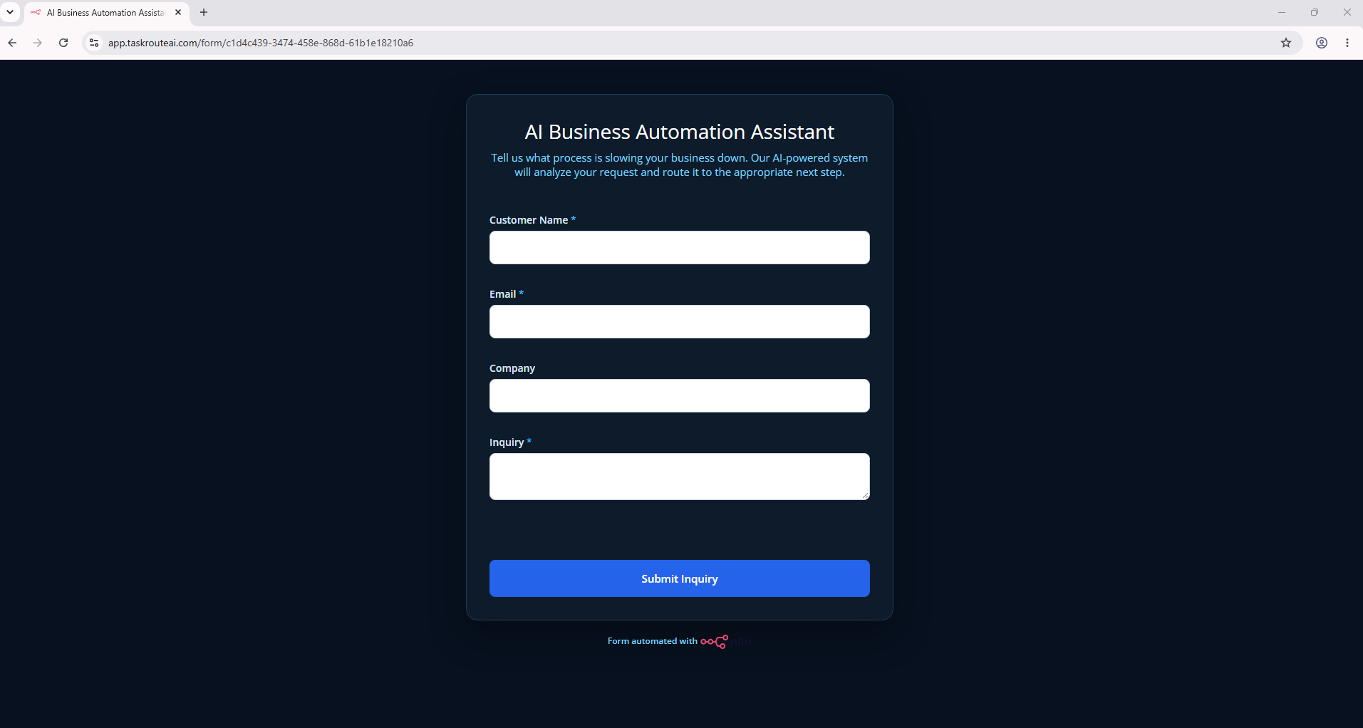 TaskRouteAI customer inquiry form