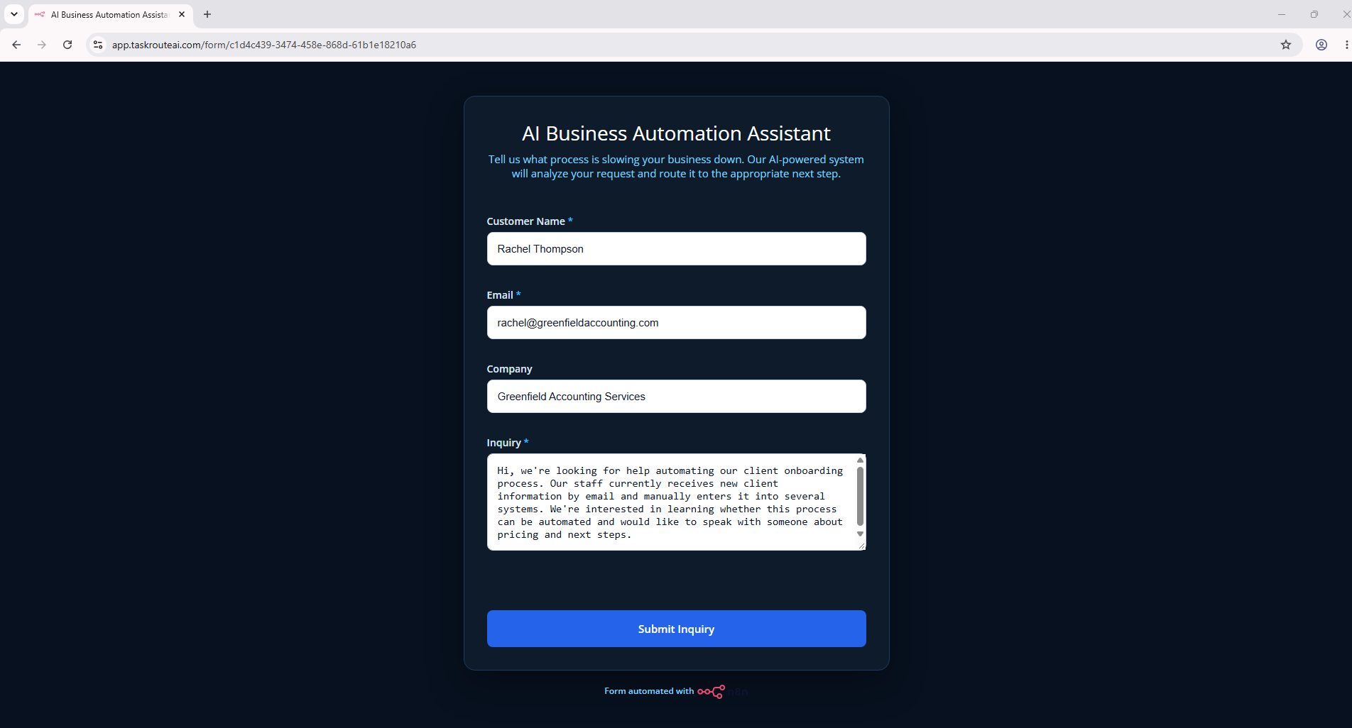 Rachel Thompson submitting a customer inquiry